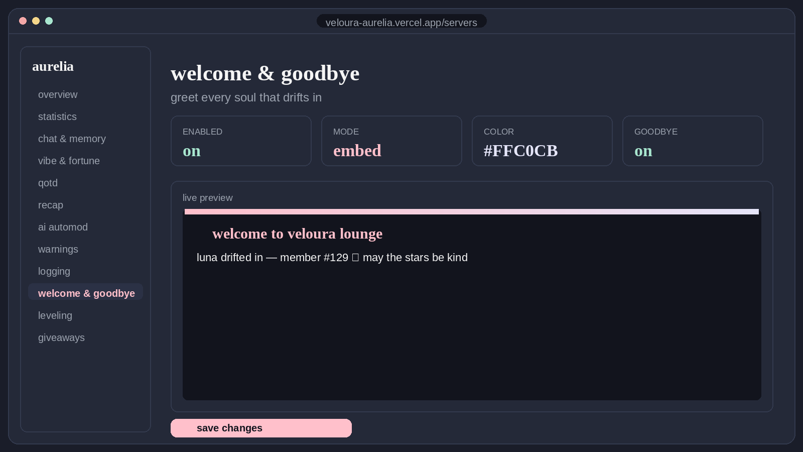 Aurelia web dashboard showing configurable welcome settings and a live preview
