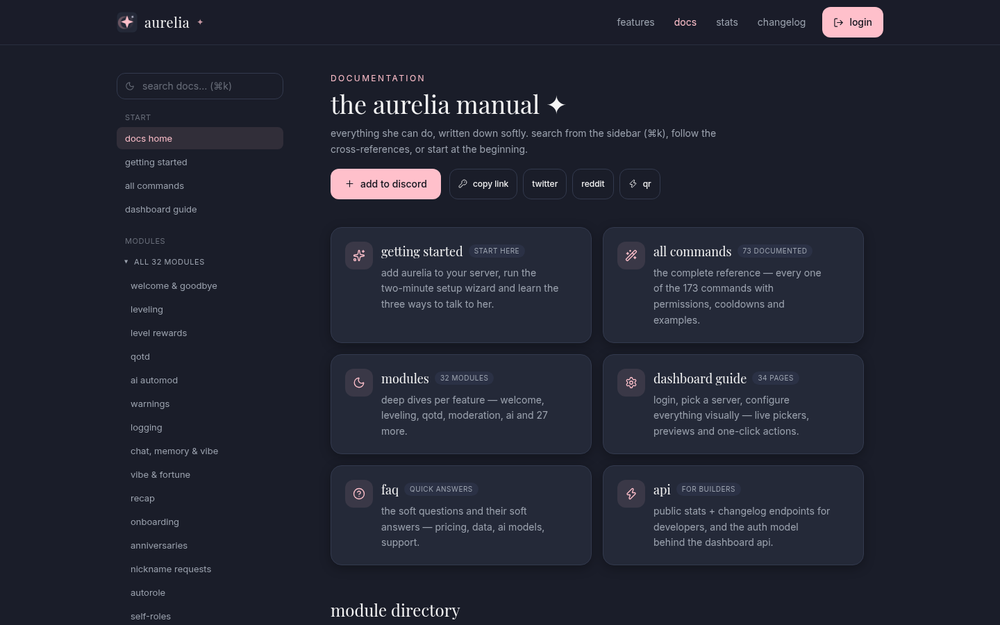 Aurelia documentation site with module guides and command reference