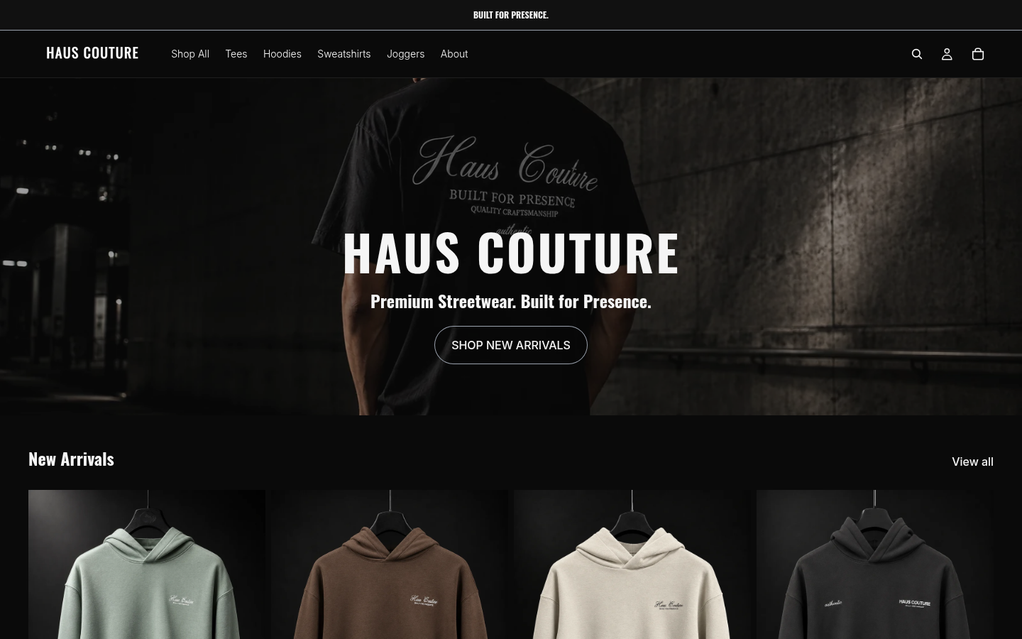 Haus Couture production Shopify storefront homepage
