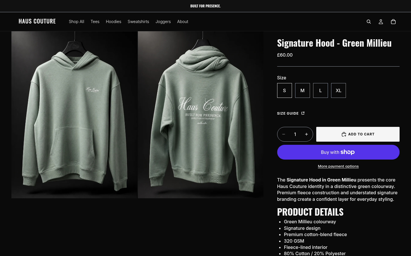 Haus Couture product page with garment photography, size selection and GBP pricing