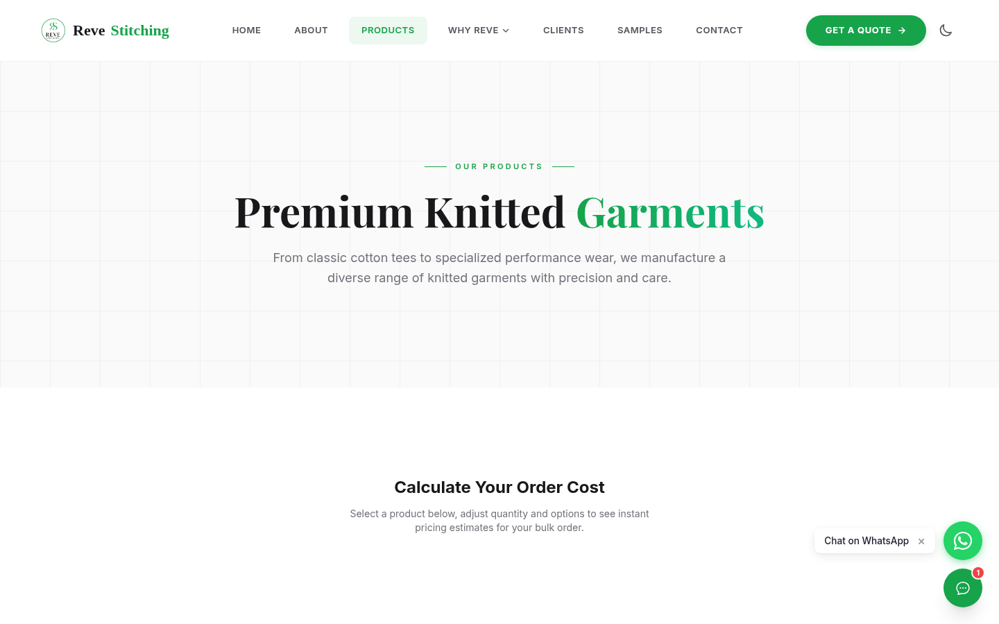 Reve product catalogue with garment categories and an integrated cost calculator