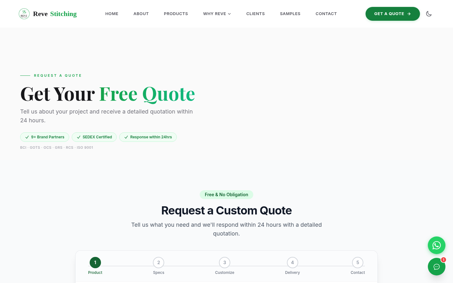 Reve quote request landing page with a guided multi-step intake flow