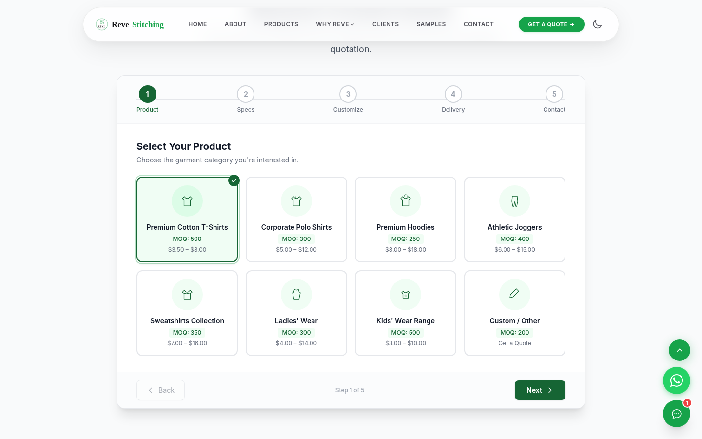 Reve quote wizard product-selection step with specifications and quantity guidance